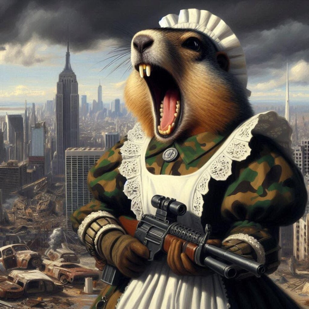 SF世紀末油絵アニメ風、武装メイドマーモット&メイドロボ