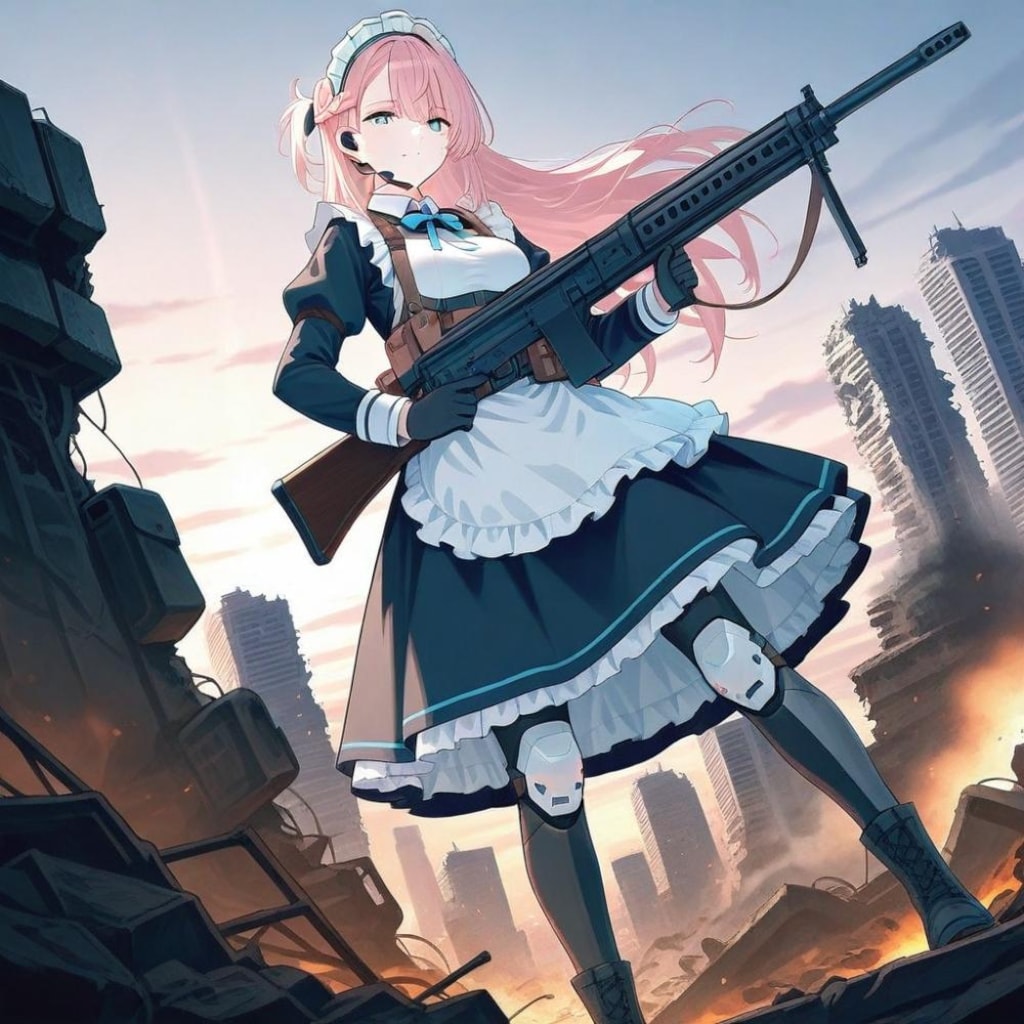 SF世紀末油絵アニメ風、武装メイドマーモット&メイドロボ