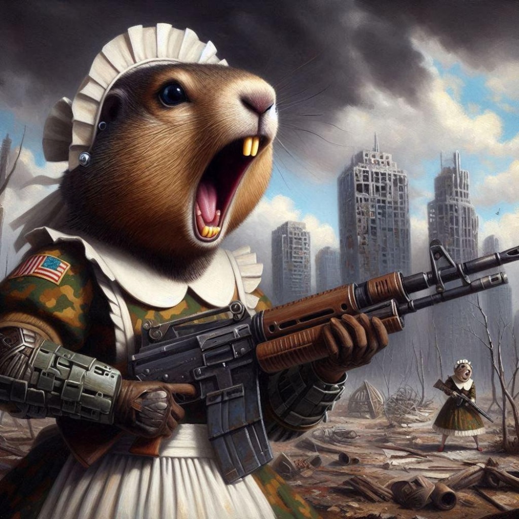 SF世紀末油絵アニメ風、武装メイドマーモット&メイドロボ