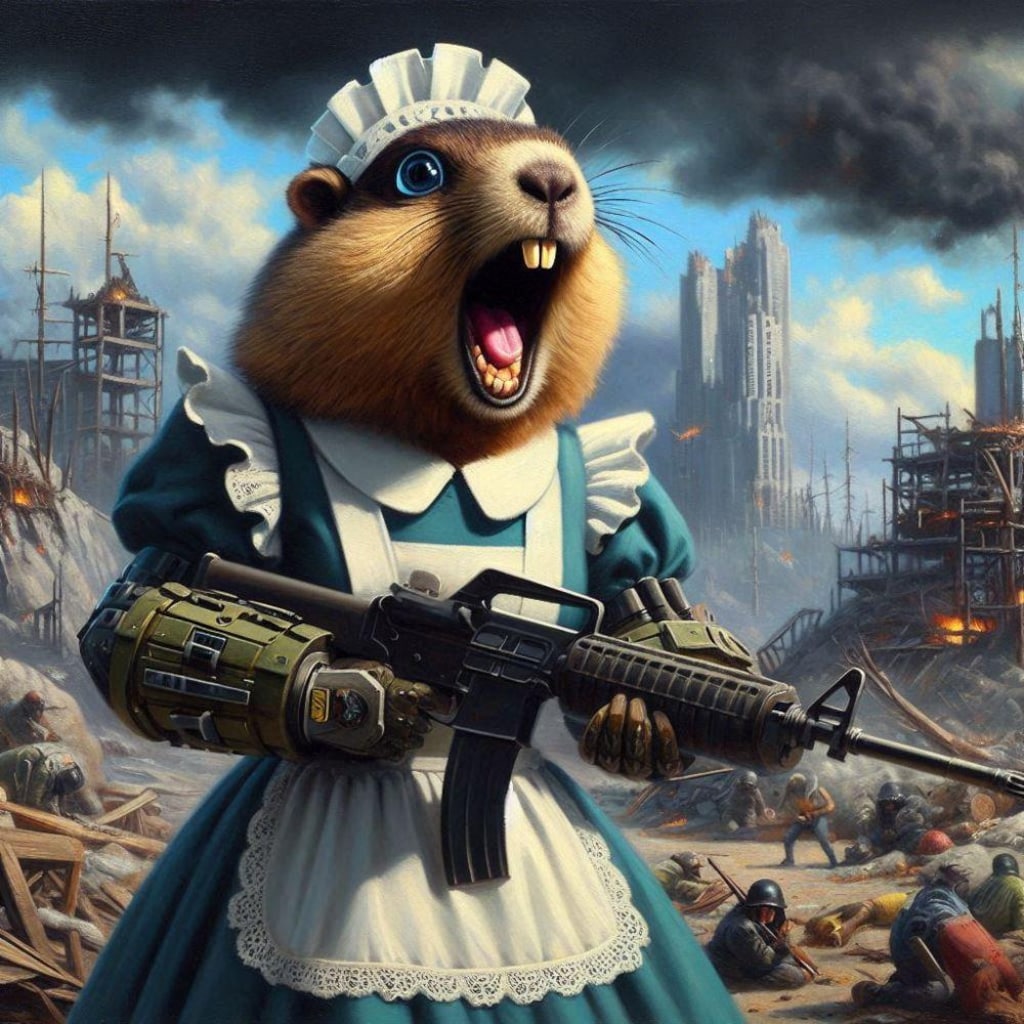 SF世紀末油絵アニメ風、武装メイドマーモット&メイドロボ