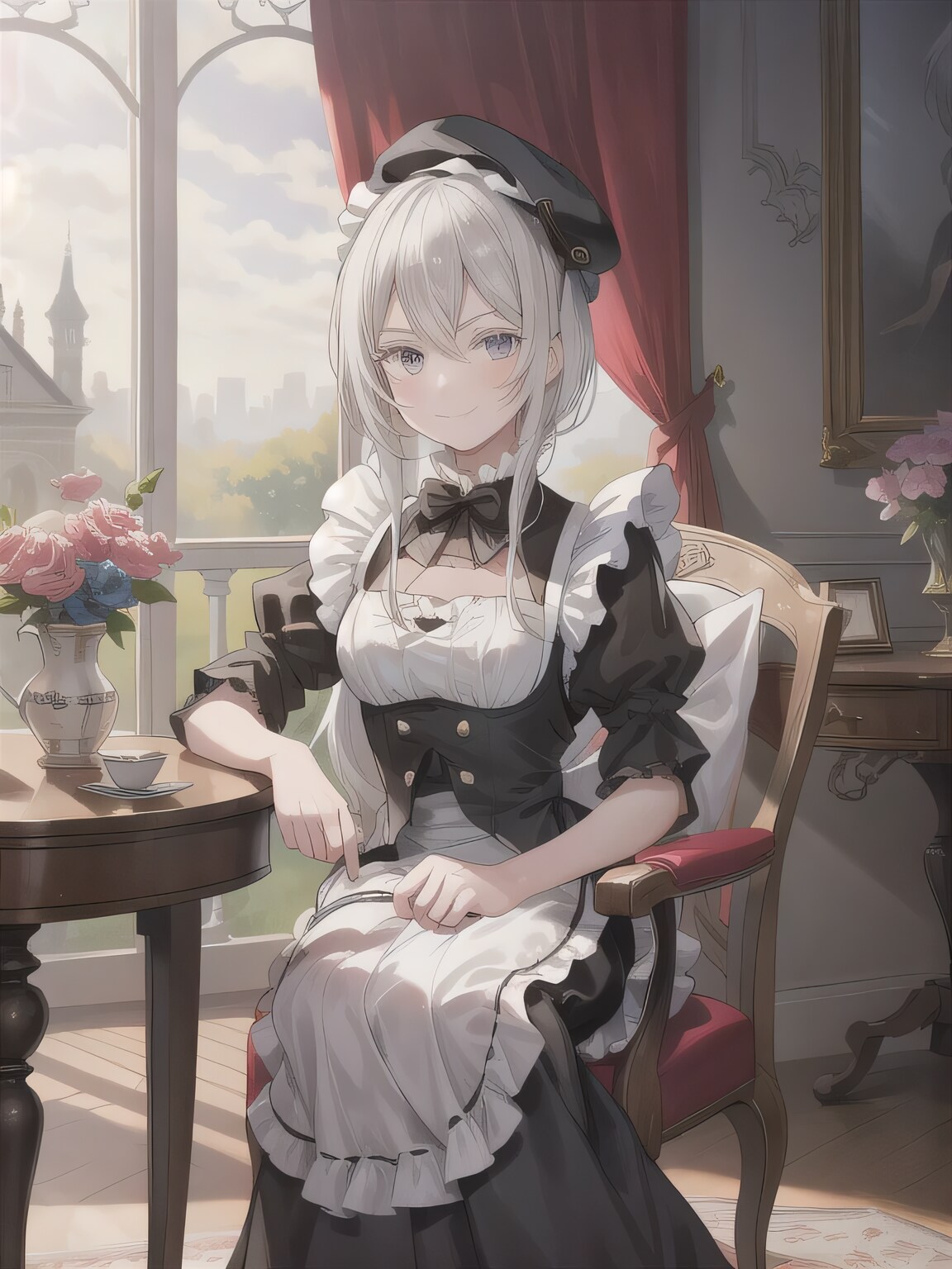 銀髪ロングでメイド服の少女７ | の人気AIイラスト・グラビア