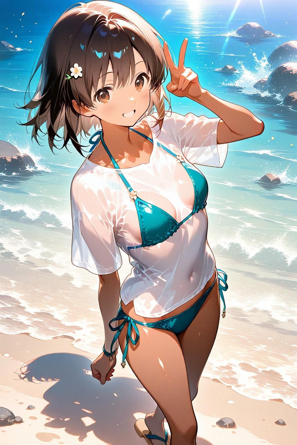 ビキニの上に白Tシャツを着る少女