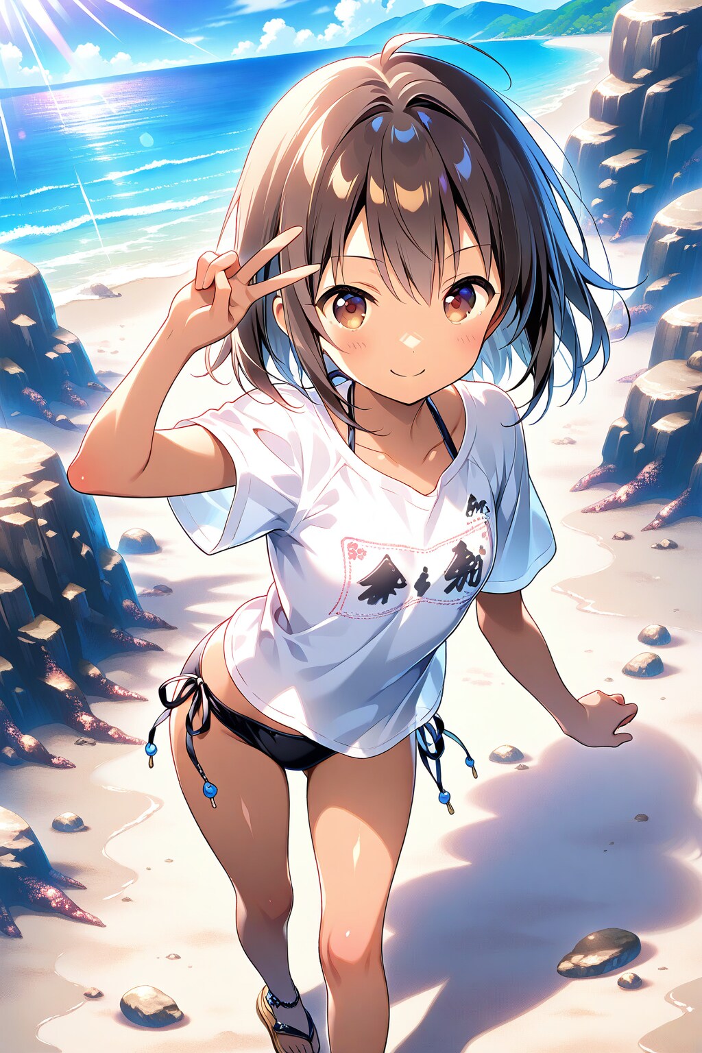 ビキニの上に白Tシャツを着る少女