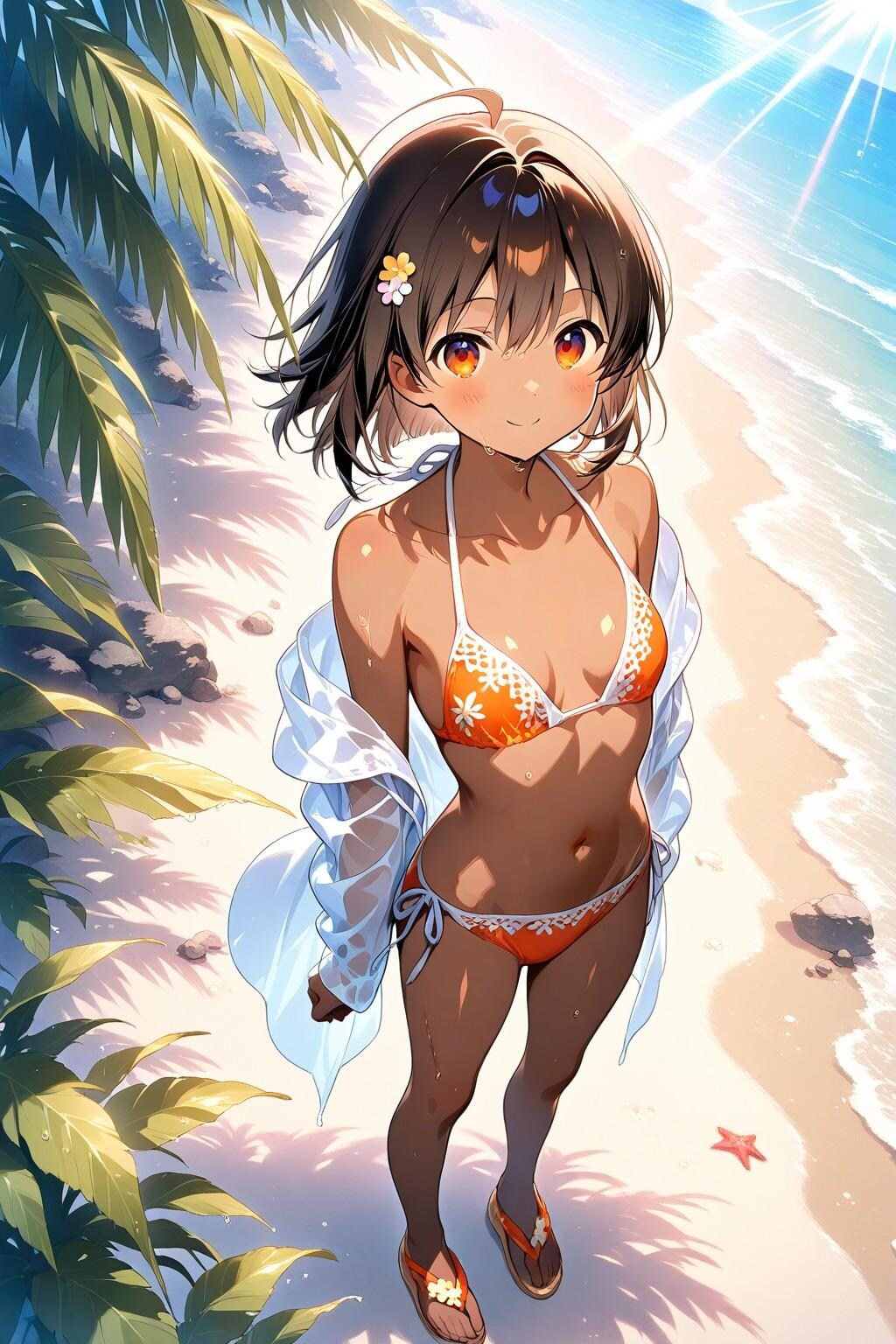 ビキニの上に白Tシャツを着る少女