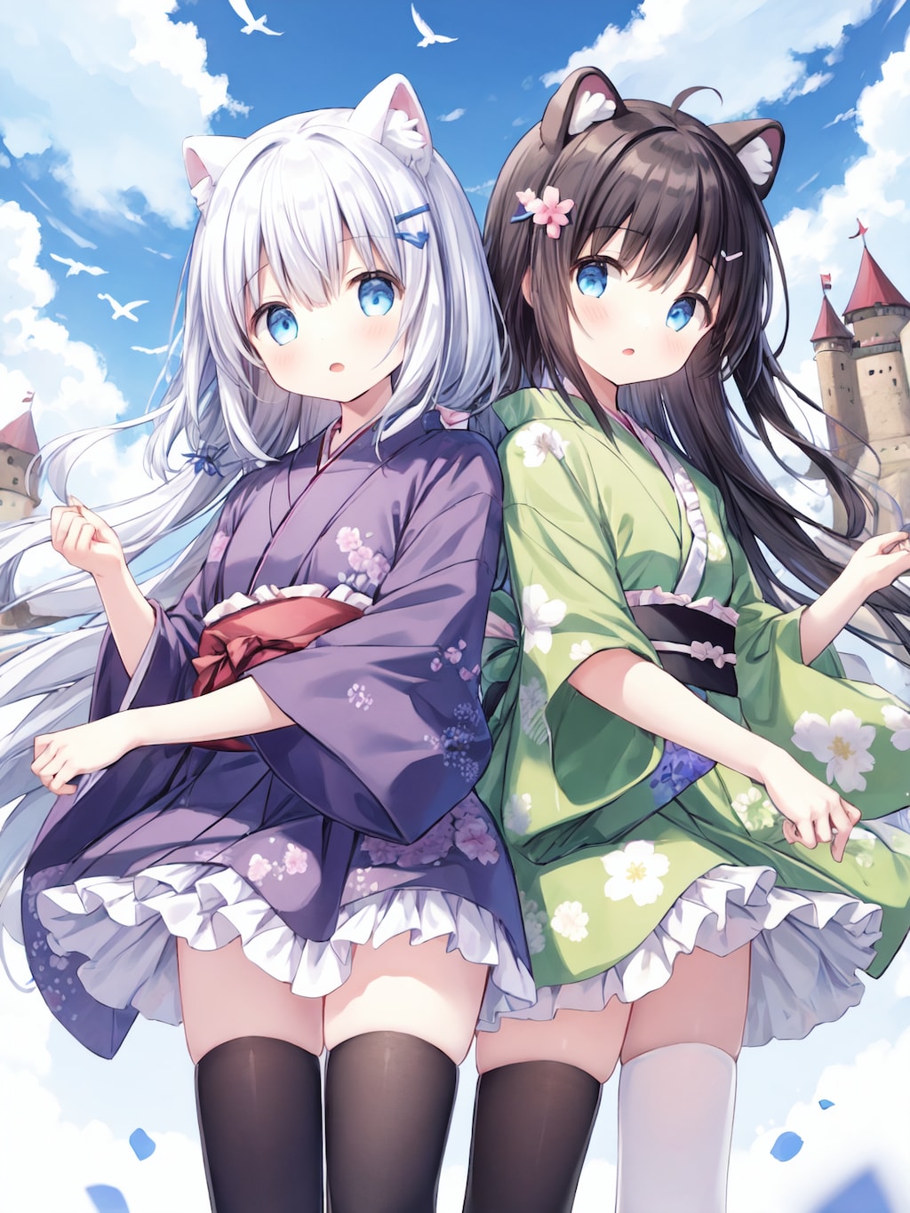 空のお城の浴衣少女