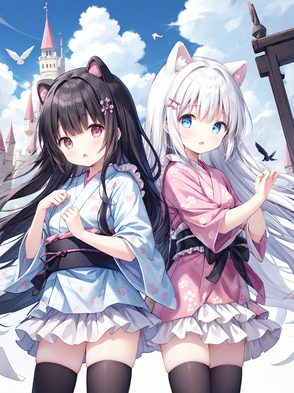 空のお城の浴衣少女