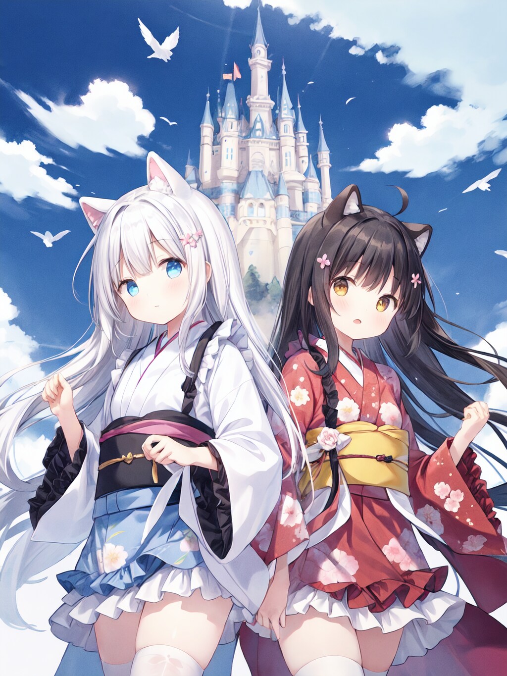 空のお城の浴衣少女