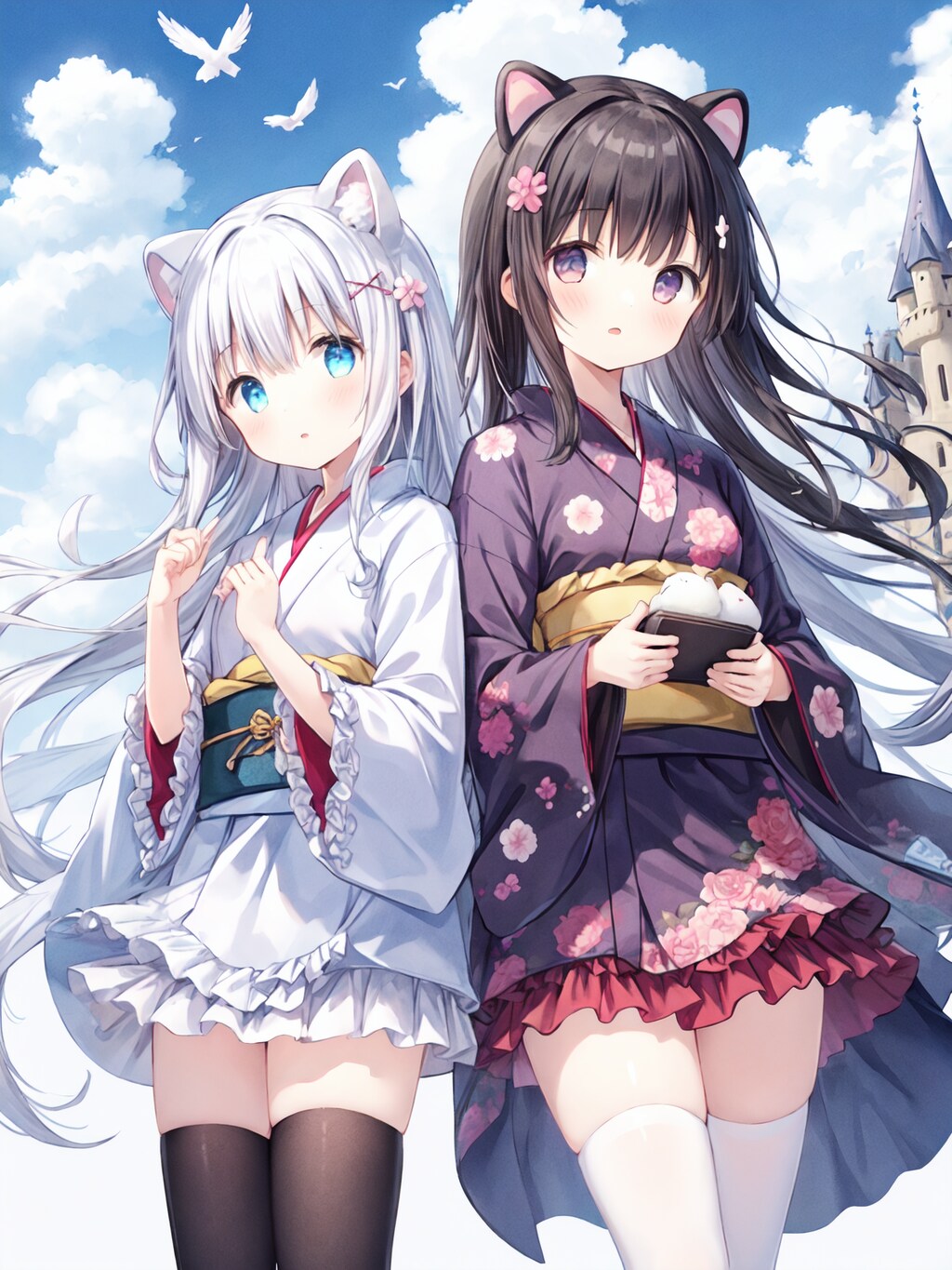 空のお城の浴衣少女