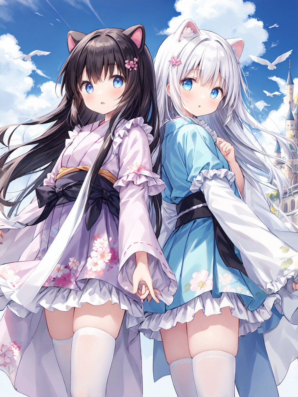 空のお城の浴衣少女