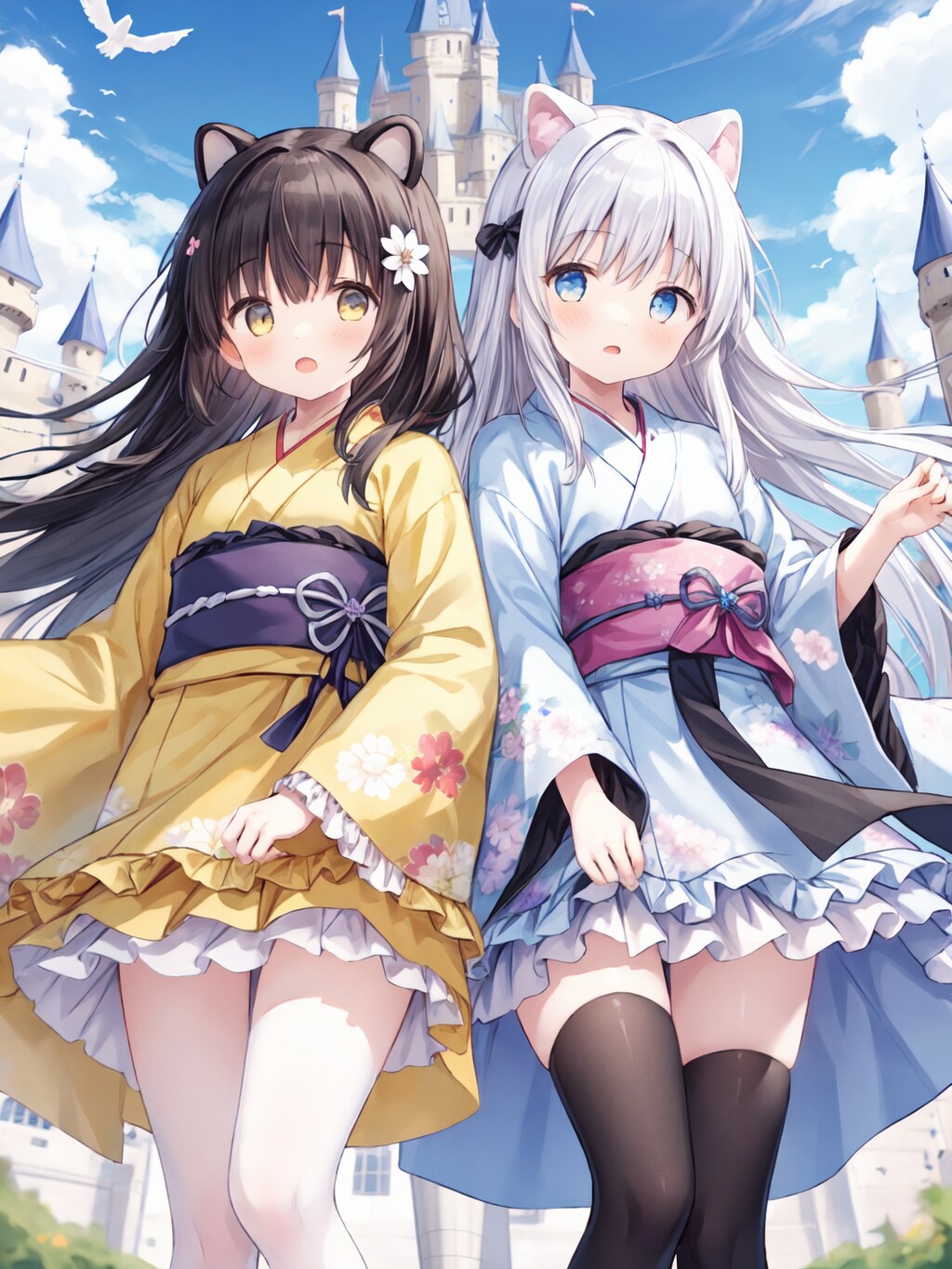 空のお城の浴衣少女