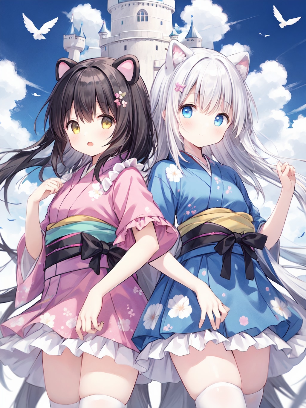 空のお城の浴衣少女