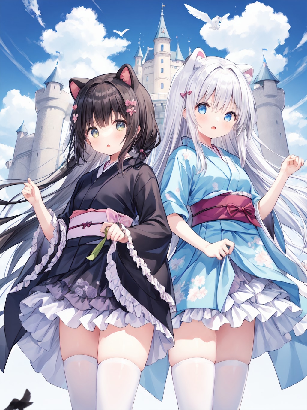 空のお城の浴衣少女