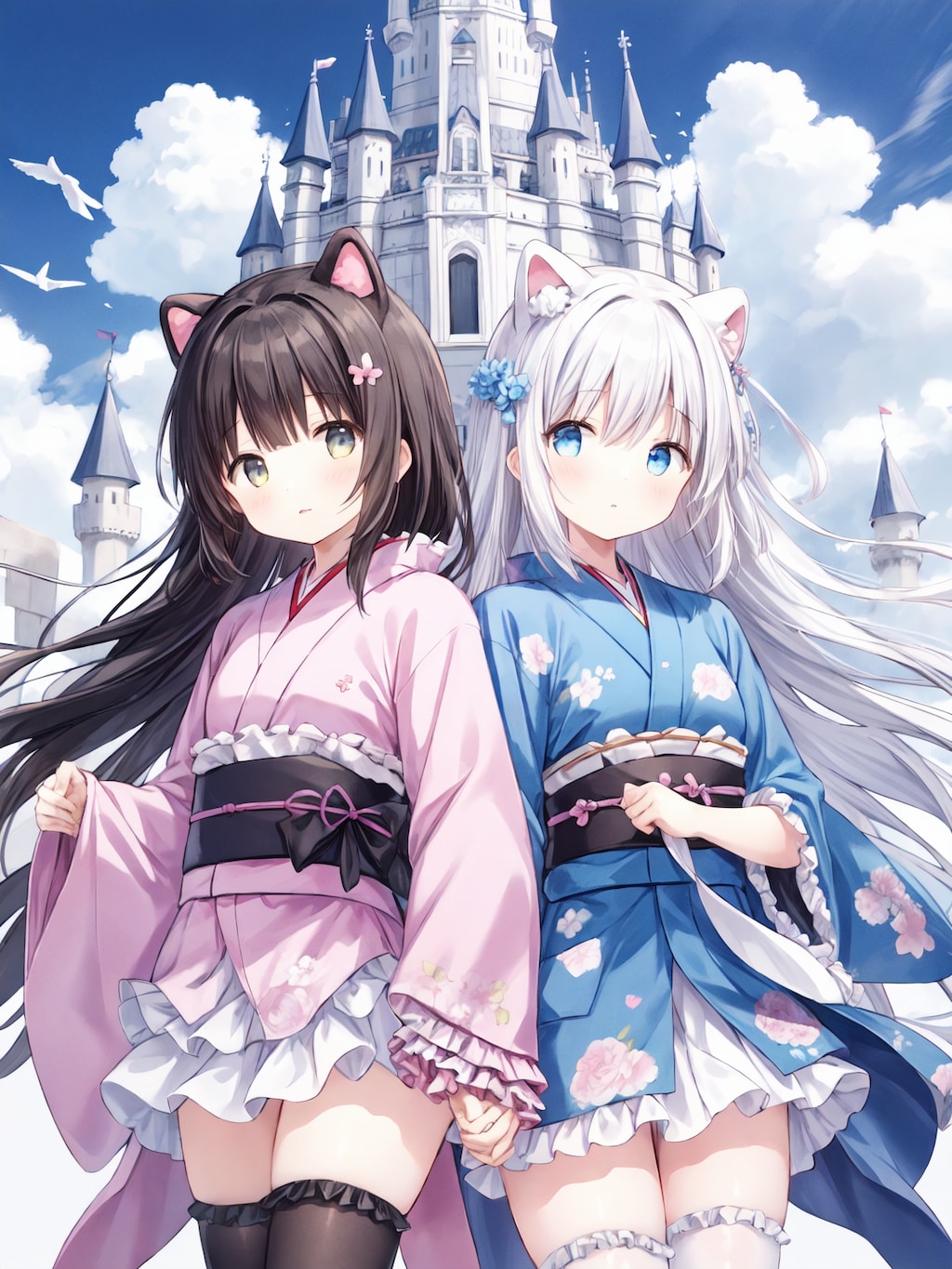 空のお城の浴衣少女