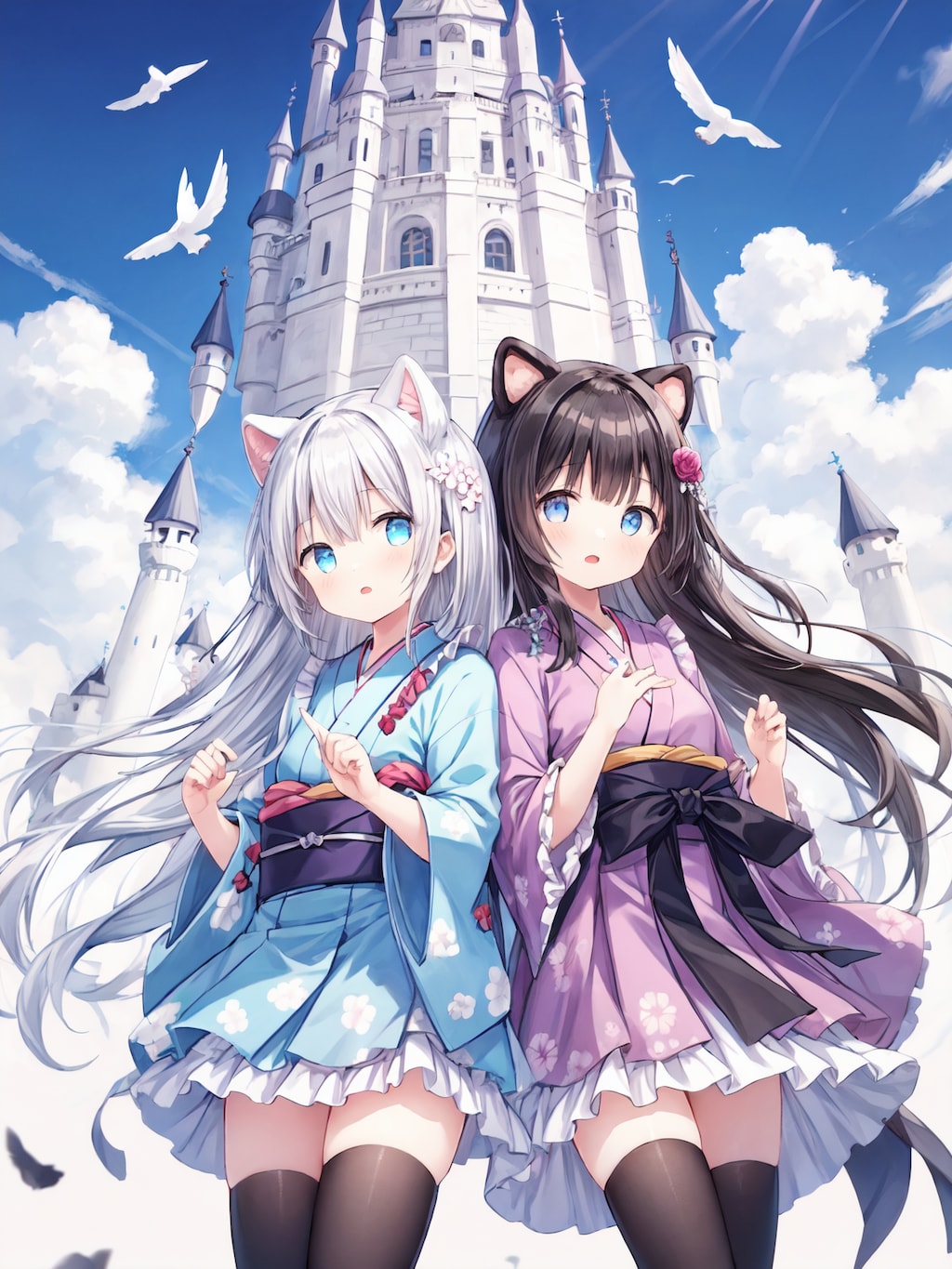 空のお城の浴衣少女
