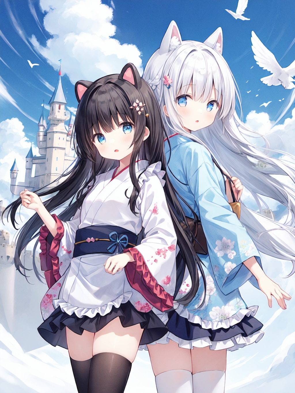 空のお城の浴衣少女
