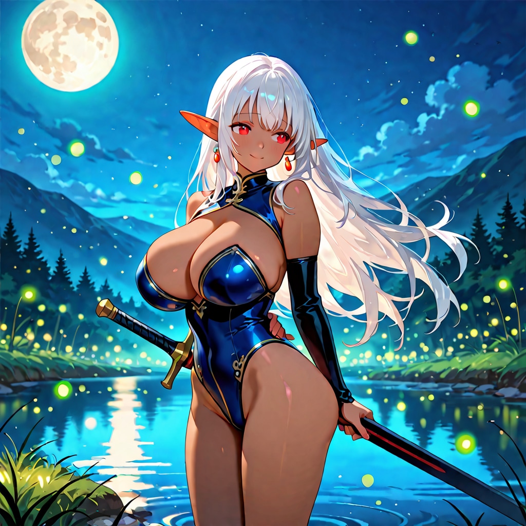 蛍と月と水辺のダークエルフ魔界騎士