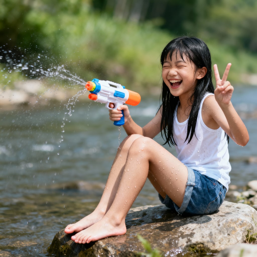 小川のそばで水鉄砲で遊ぶ小さな女の子