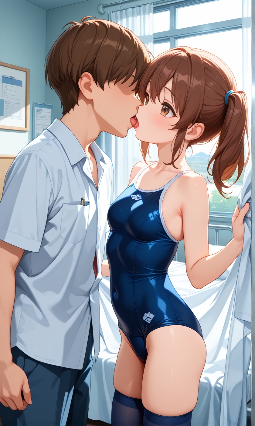 スク水サイドポニー女子　医務室でベロチュー