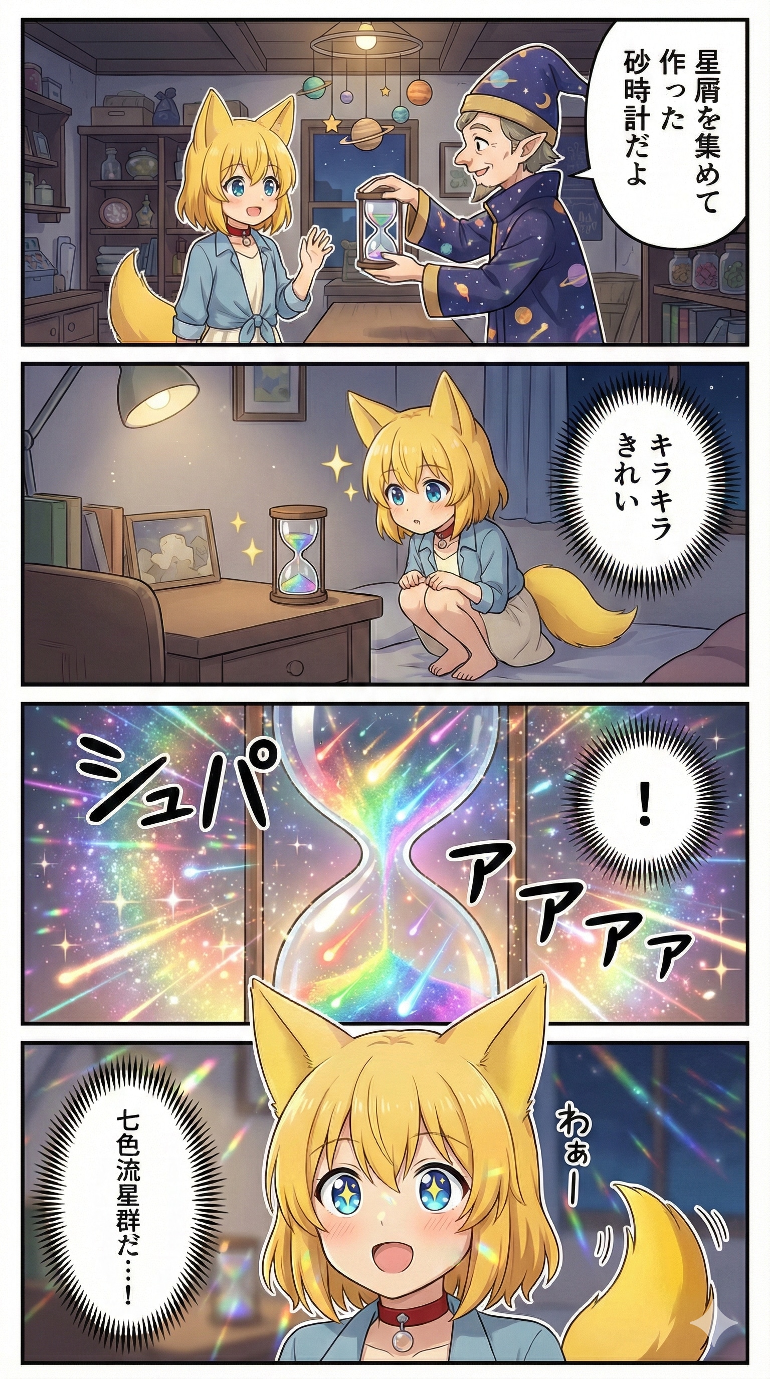 不思議な小物が並ぶ雑貨屋で星屑を集めて作ったと店主に言われた砂時計を買って家に帰り机の上に置きつつしげしげと眺めていたら… | の人気AIイラスト・グラビア