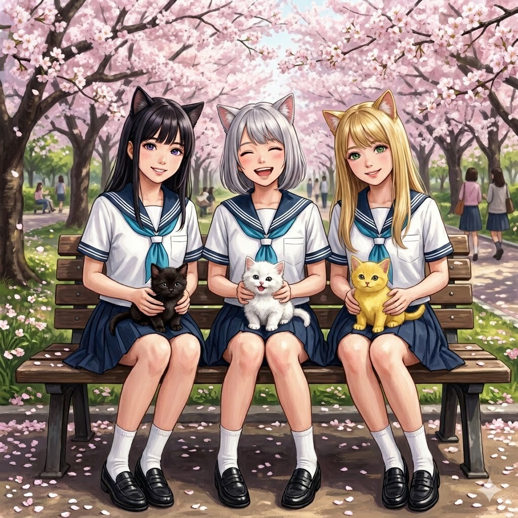 猫耳３人娘と３匹の猫 | の人気AIイラスト・グラビア