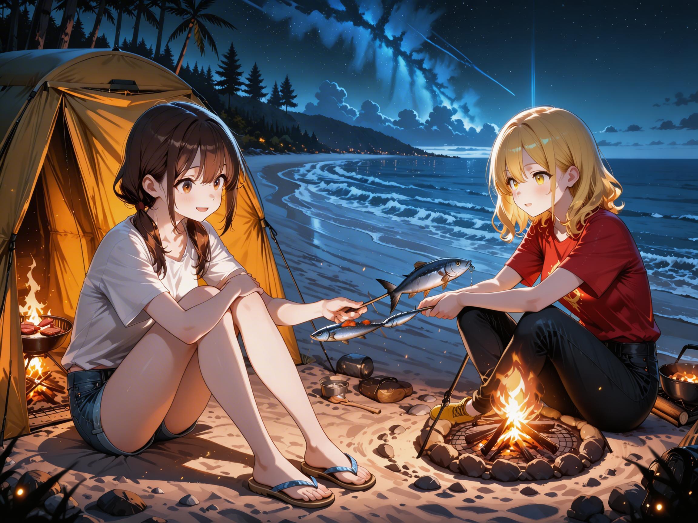 コナエミ Camp on the beach (うちの子秘話もあるよ！) | の人気AIイラスト・グラビア