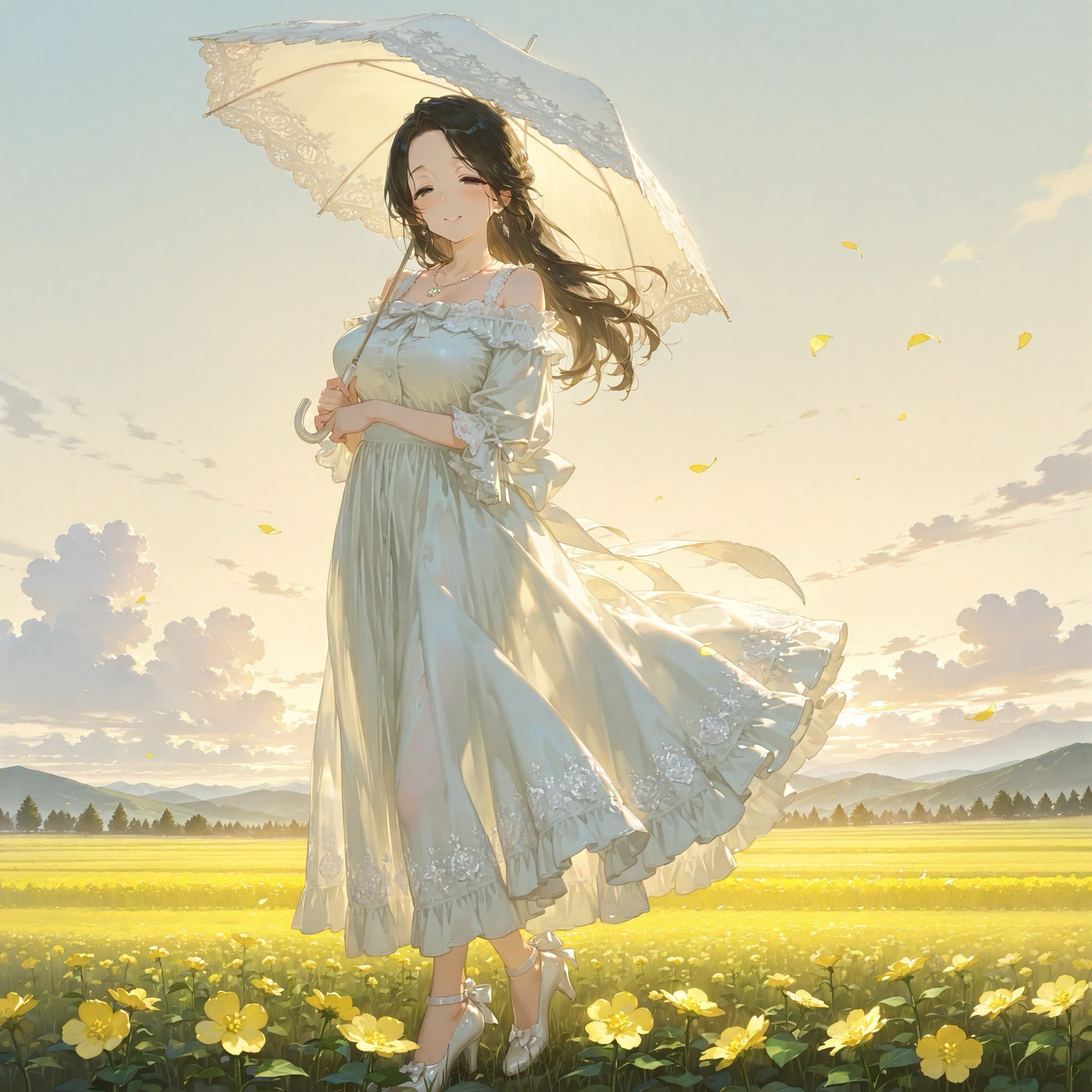 菜の花畑とサナエさん