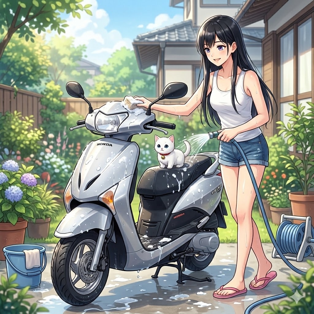 スクーターと一緒に猫ちゃんも洗っちゃお