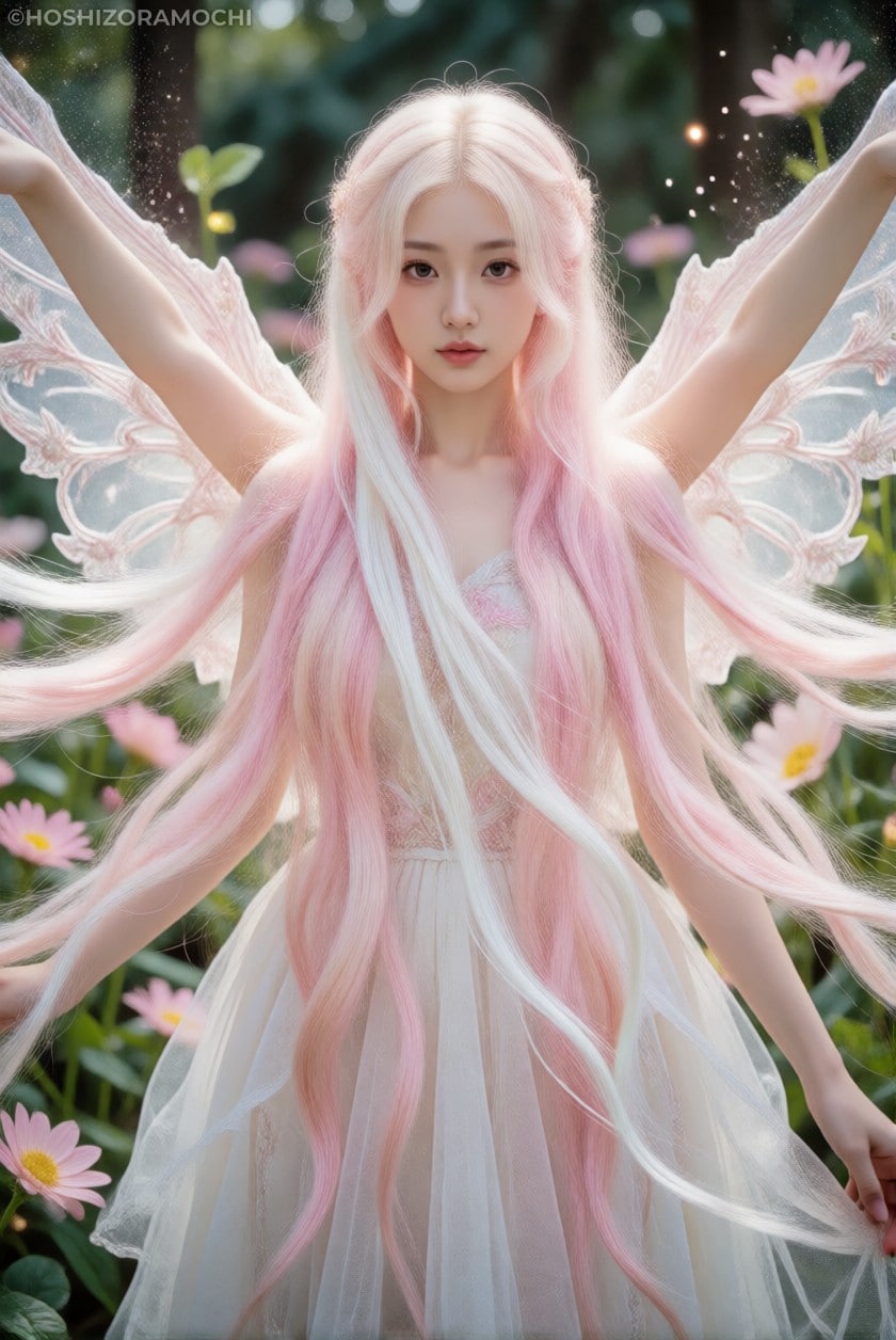 花々に祝福された四臂の妖精｜輝く羽とピンクのウェーブヘアが織りなす幻想的なマルチアームファンタジー