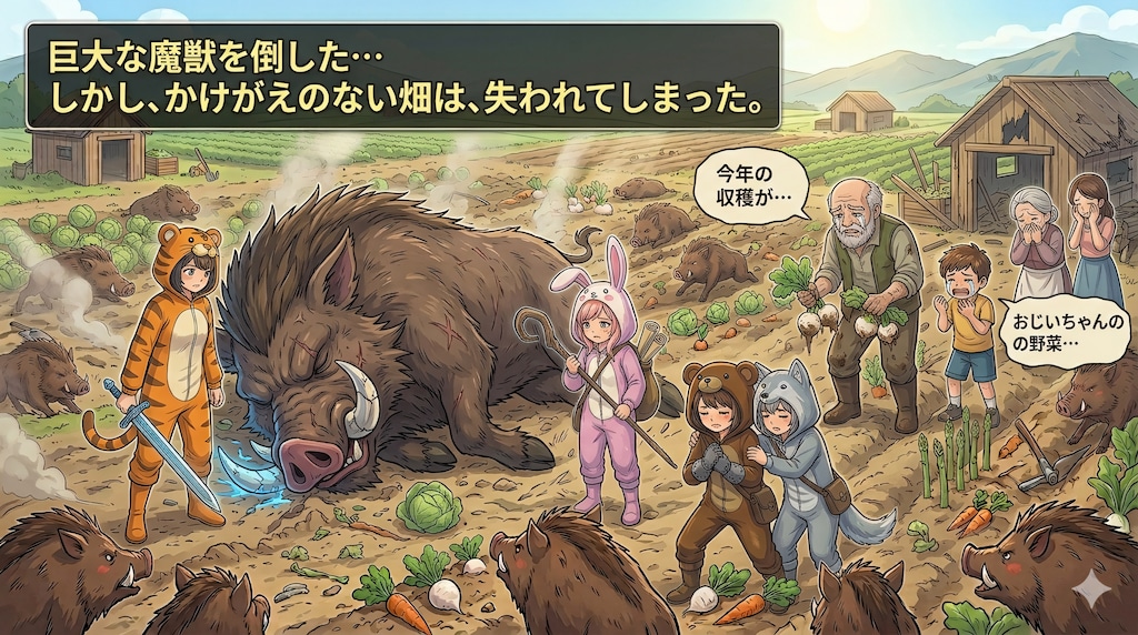 【All0428b】大量の野生の豚とボス豚を倒すことが出来た、しかし様々な春野菜畑が荒らされてしまった、農家の人達がとても悲しんでいる。（モデル: NanoBanana2）