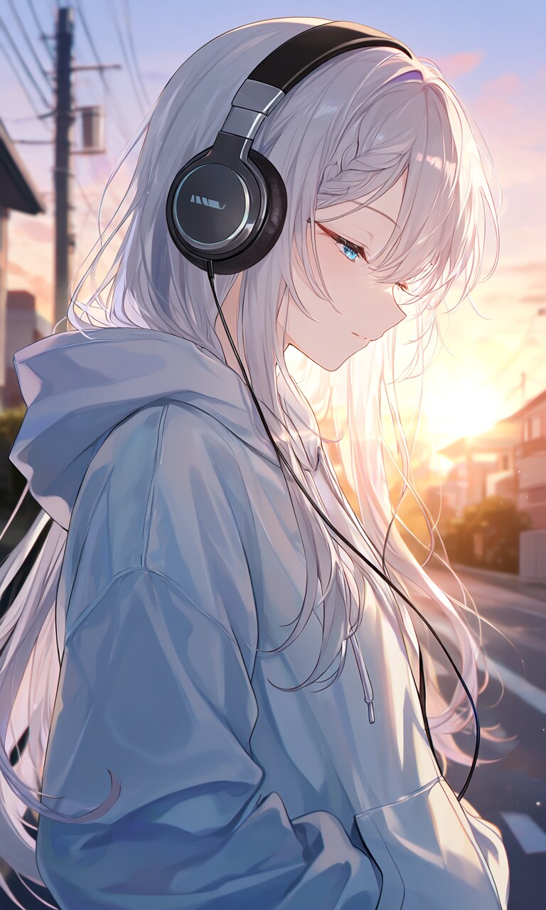 夕景、音楽を聴く少女 | の人気AIイラスト・グラビア
