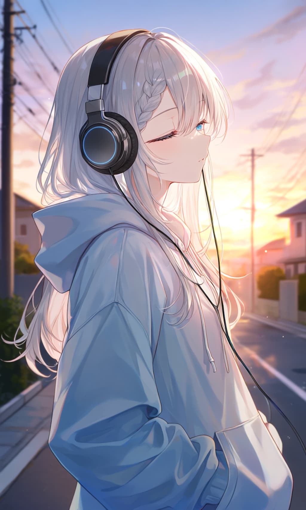 夕景、音楽を聴く少女