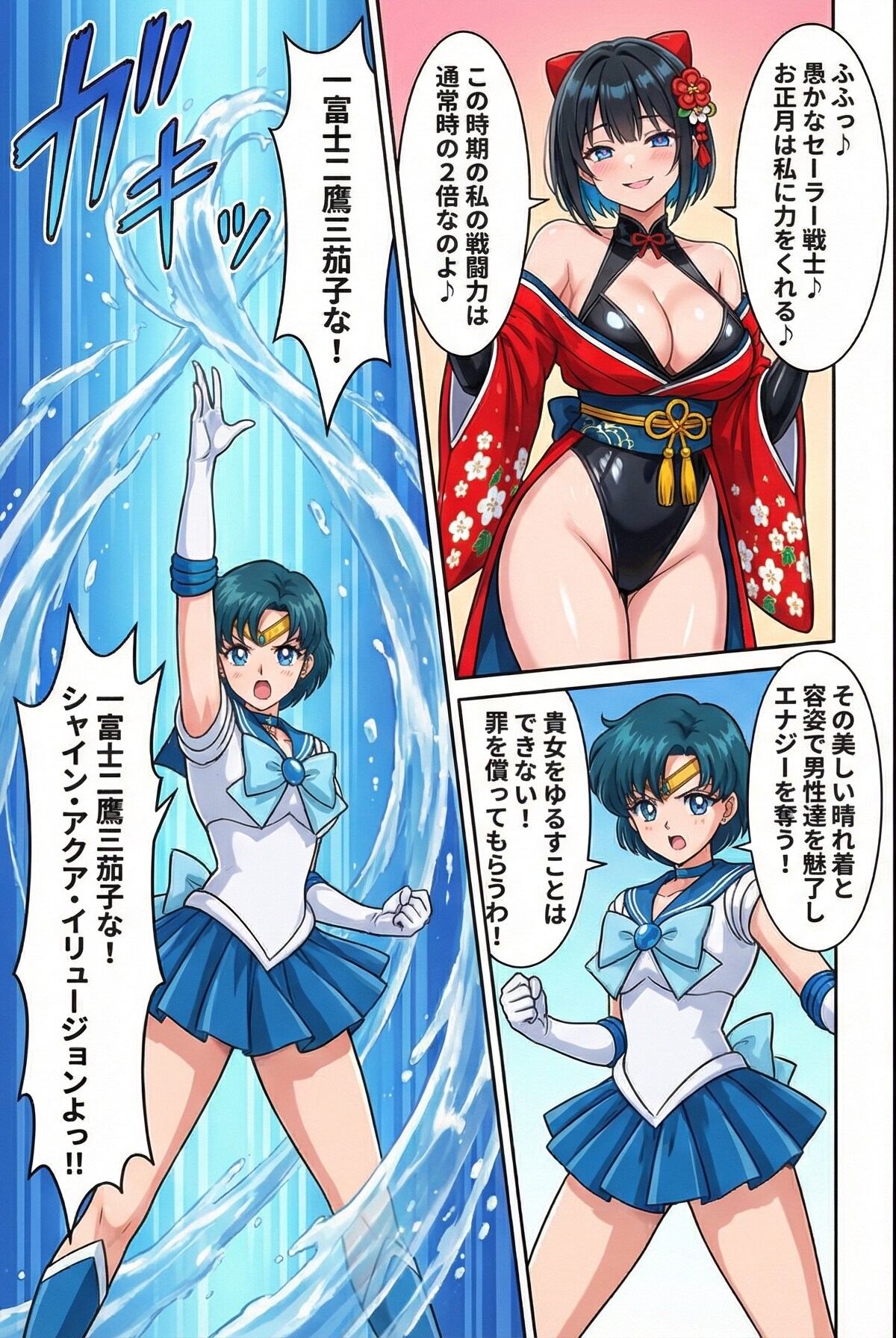 お正月仕様の「シャイン・アクア・イリュージョン」でハイレグ晴れ着女怪人を撃破するマーキュリー！！