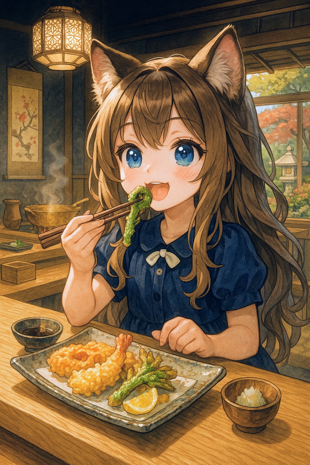お高い天ぷらを食べる小さな女の子