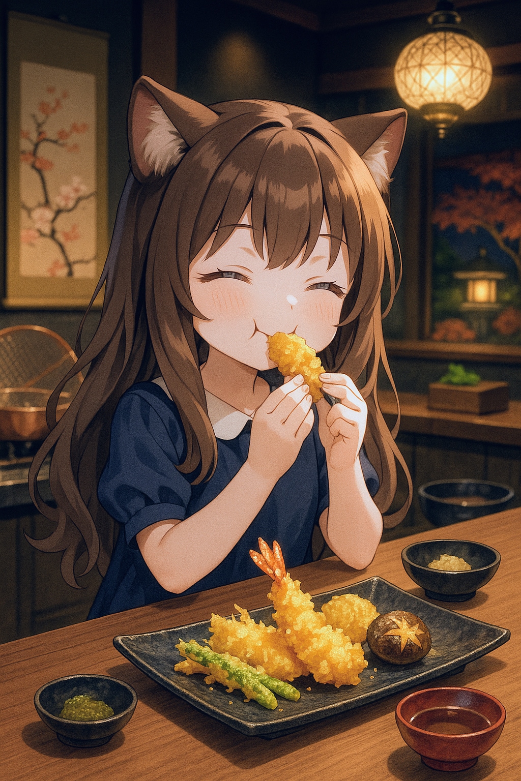 お高い天ぷらを食べる小さな女の子