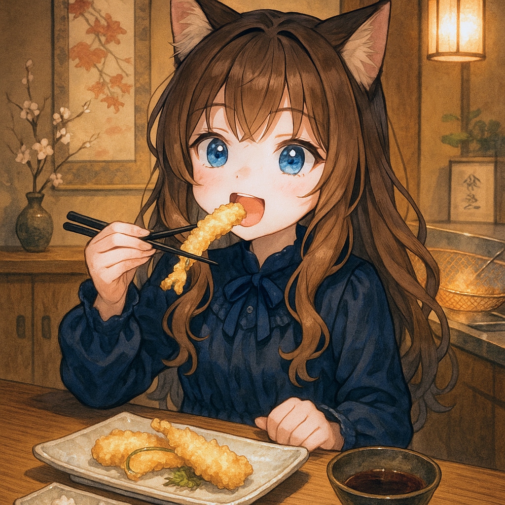 お高い天ぷらを食べる小さな女の子