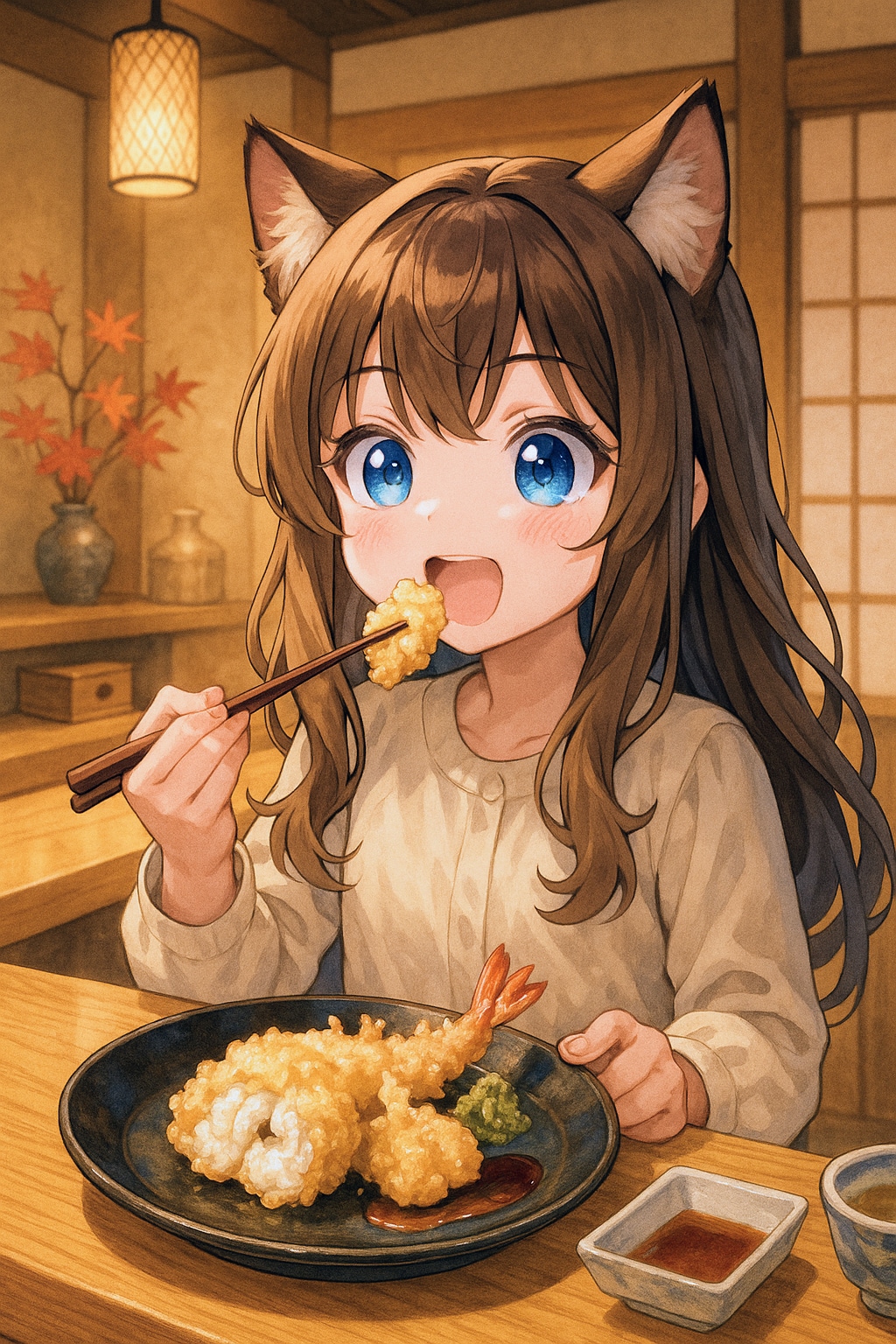 お高い天ぷらを食べる小さな女の子