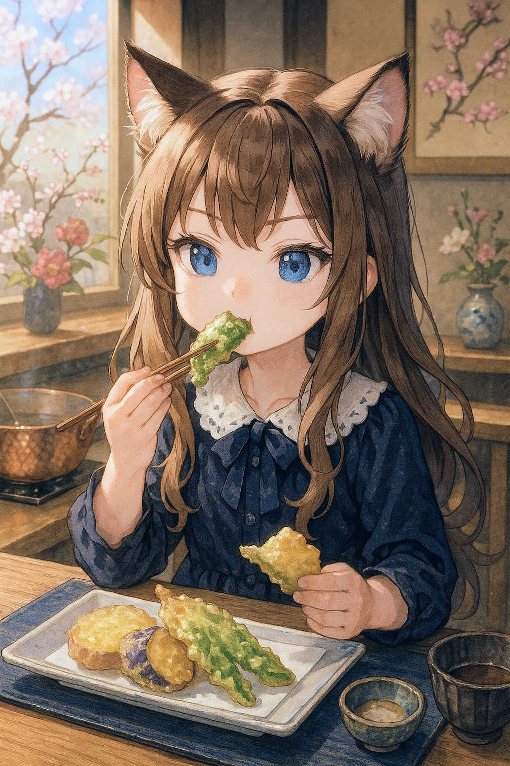 お高い天ぷらを食べる小さな女の子