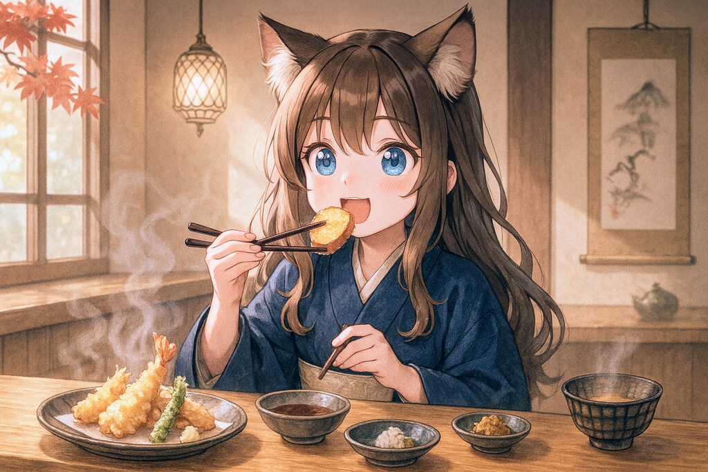 お高い天ぷらを食べる小さな女の子