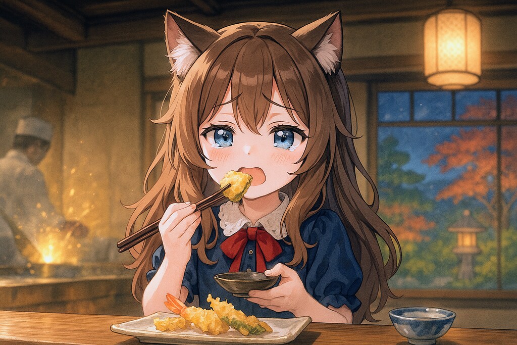 お高い天ぷらを食べる小さな女の子