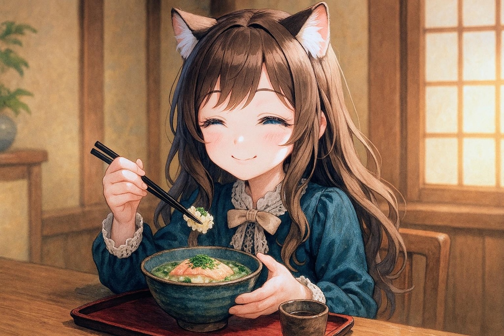 お高い天ぷらを食べる小さな女の子