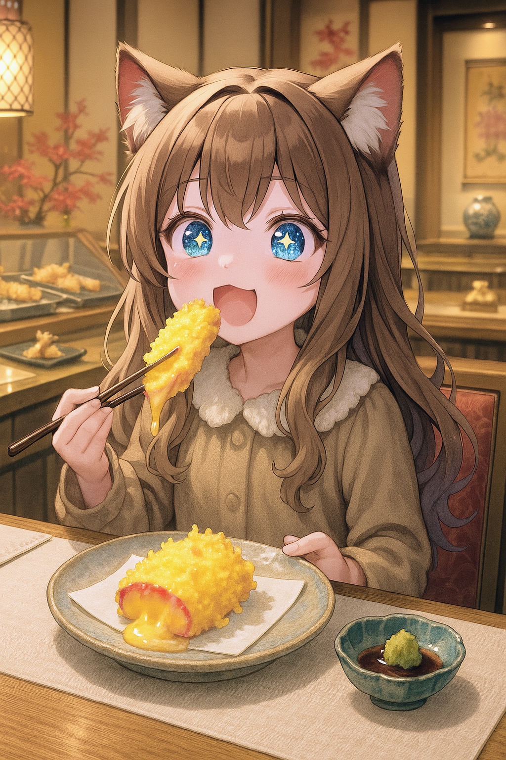 お高い天ぷらを食べる小さな女の子 | の人気AIイラスト・グラビア