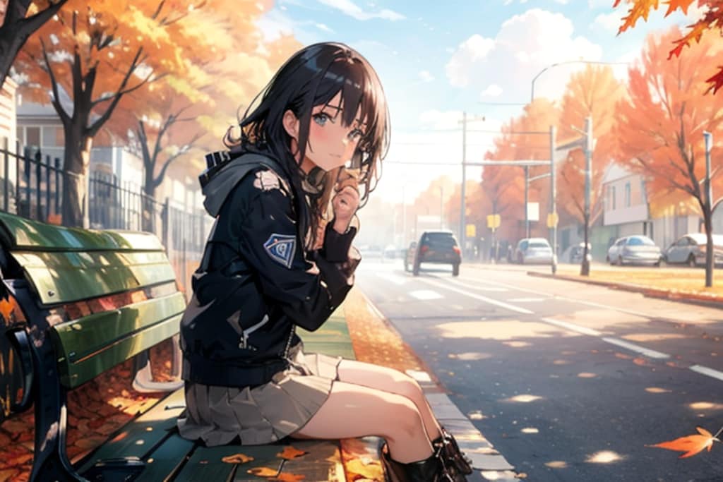 紅葉のベンチで、何かを待っているお姉さん