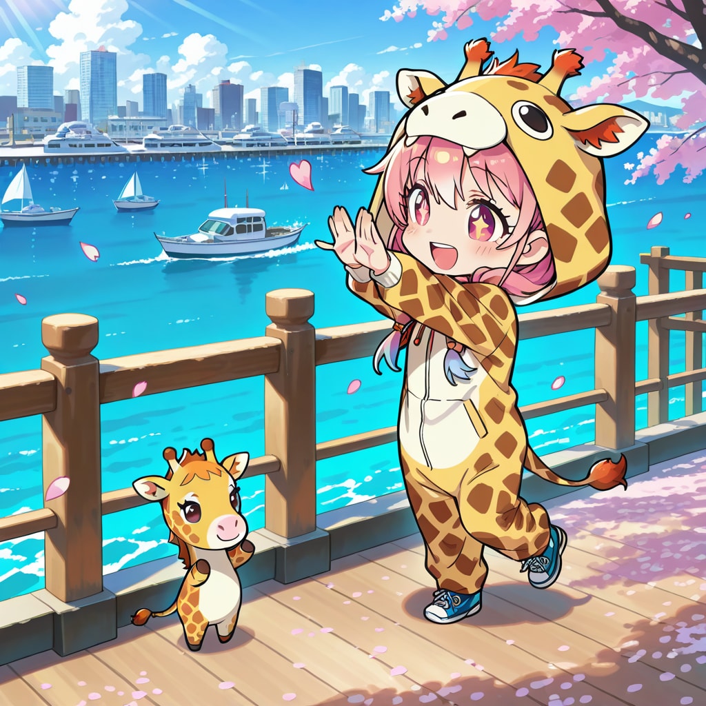 港町の公園の桜とキリン着ぐるみちび子ちゃん