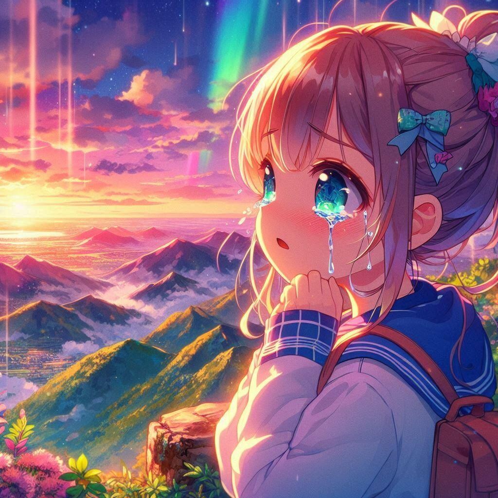 山頂からの景色に感動している女の子