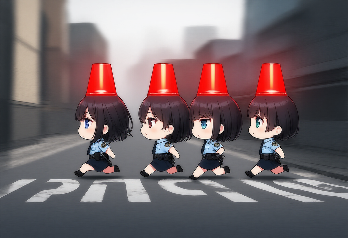 「通報があったのはあっち！」「急げ急げ！」「警察が通りま～す」「横断歩道通りま～す」