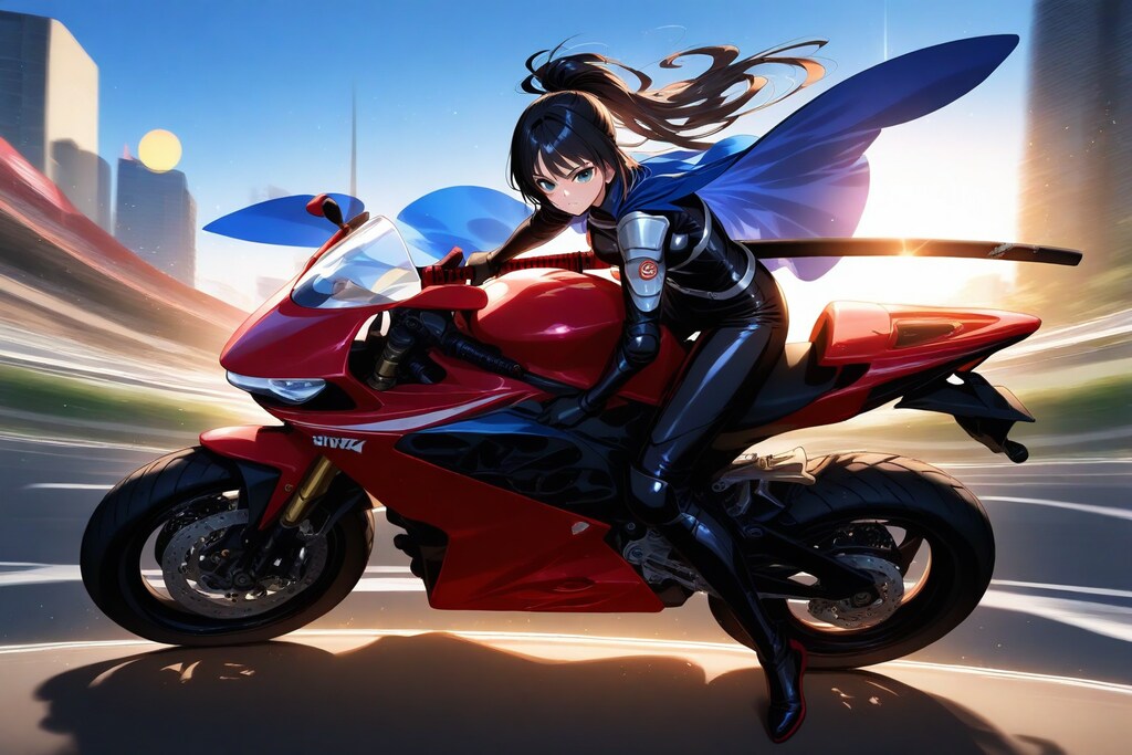 【リメイク版】赤きバイクを駆る女侍　ー 一番最初に投稿した画像作品 ー