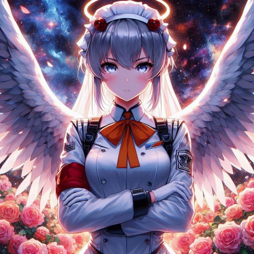 1990年代風アニメ風、薔薇と天使メイドパイロットスーツコスプレ人妻仁王立ち