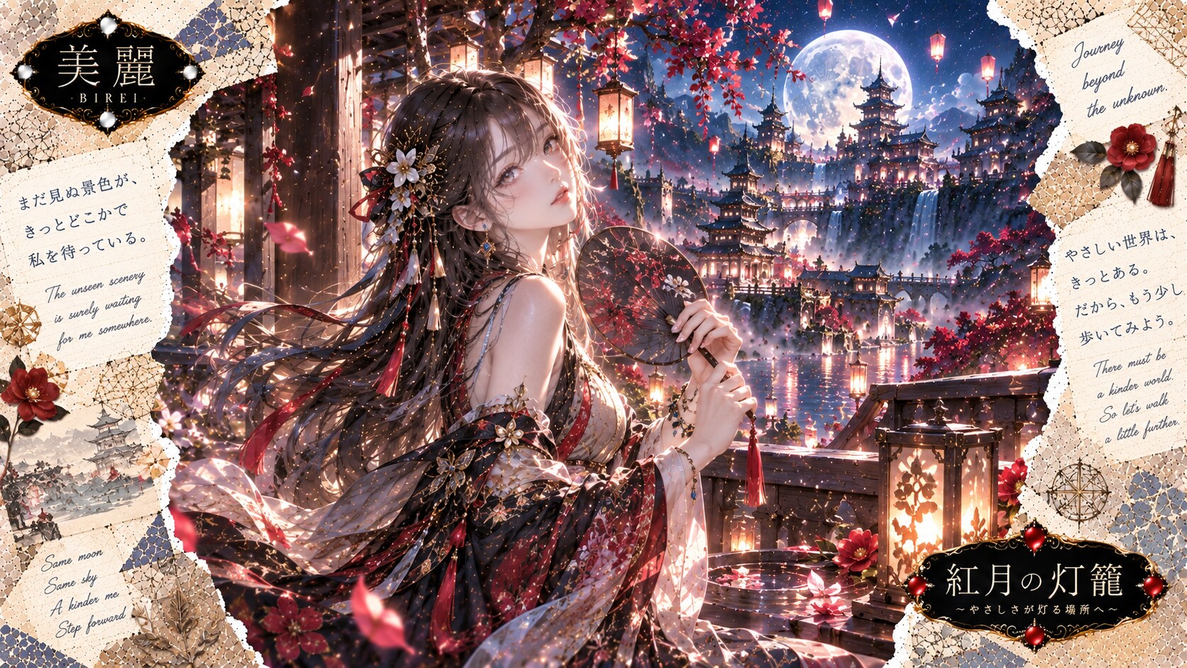 A crimson moon, a fan of red blossoms, a city glowing beyond the water.  The unseen scenery is surel | の人気AIイラスト・グラビア