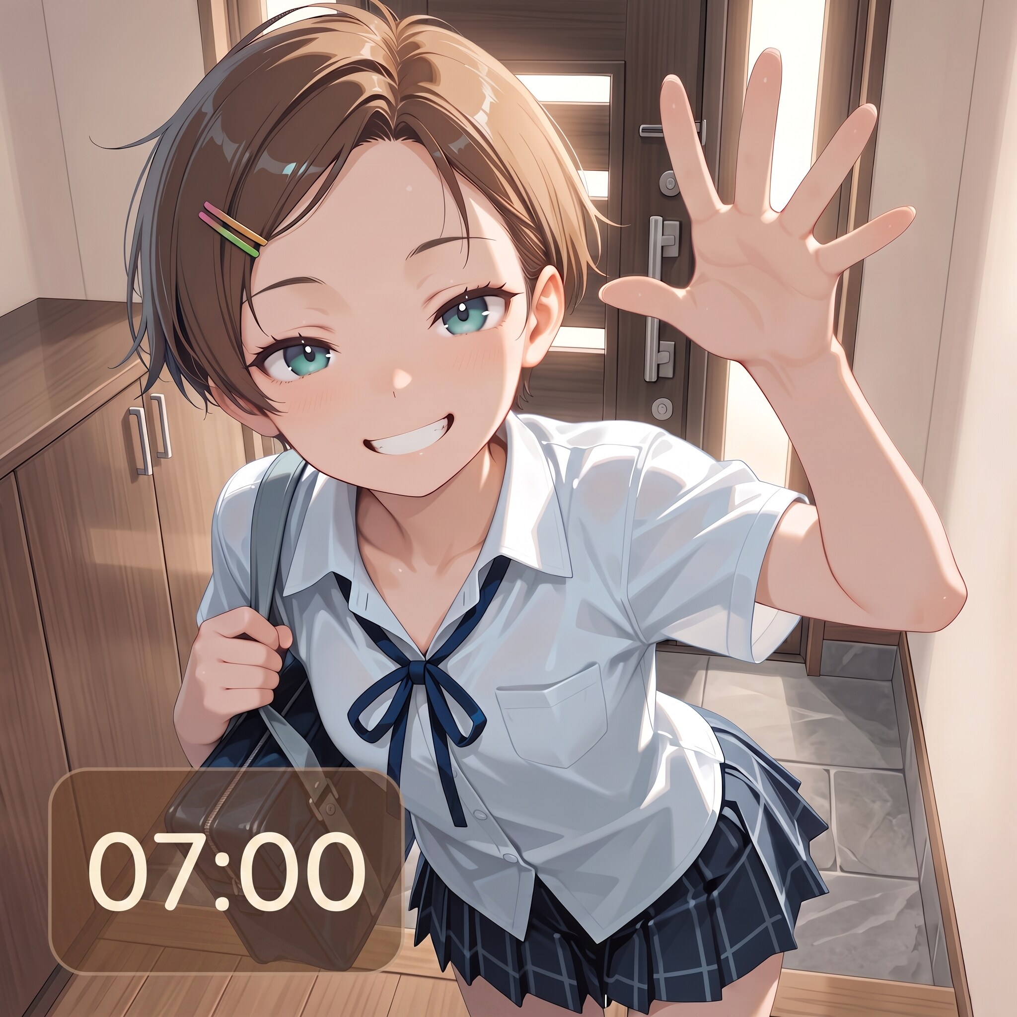 07:00（朝のお迎え）：ヘアピンショートカットの幼馴染 | の人気AIイラスト・グラビア