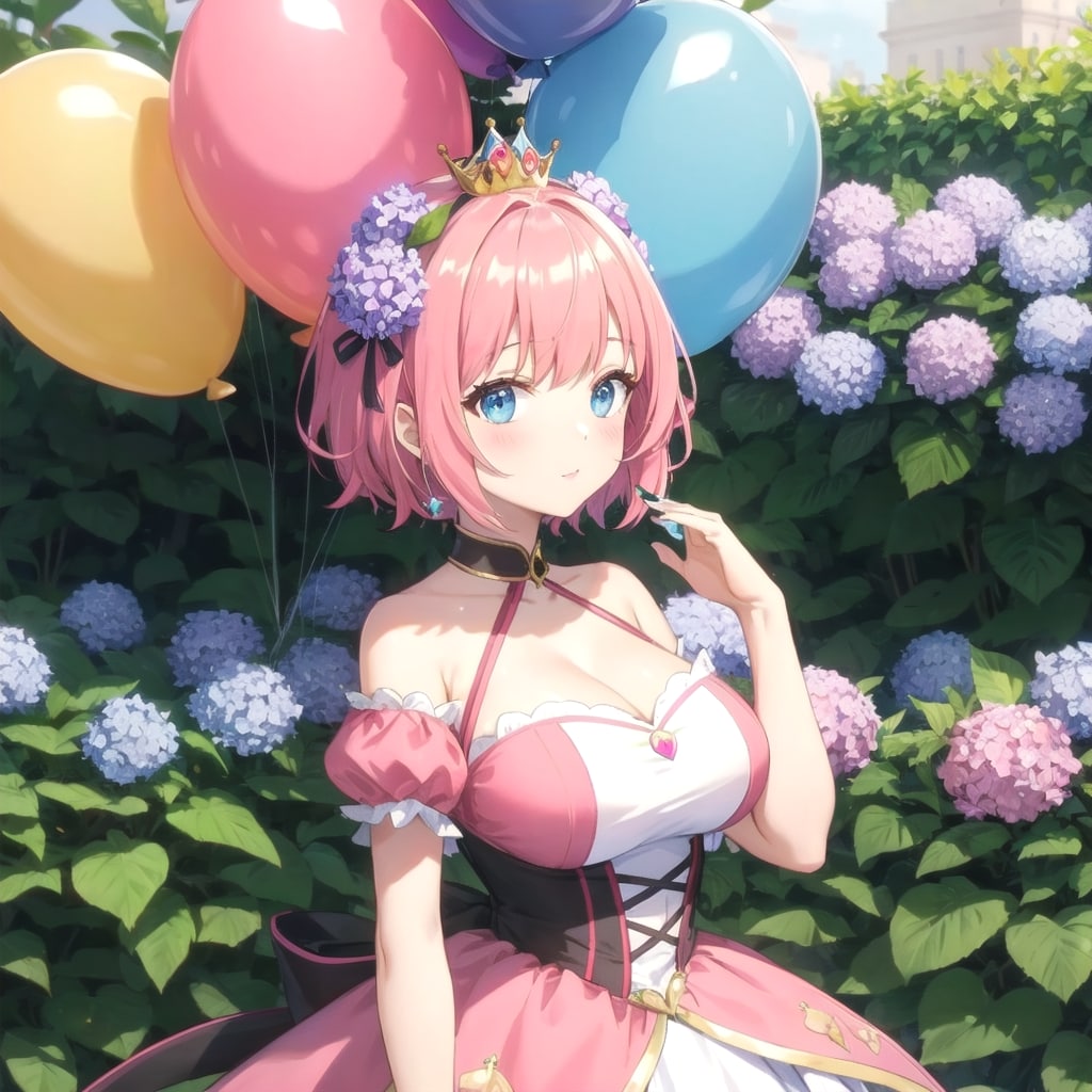 紫陽花咲いてる庭園でいっぱい色とりどりの風船を持つピンク髪ショートカットのお姫様